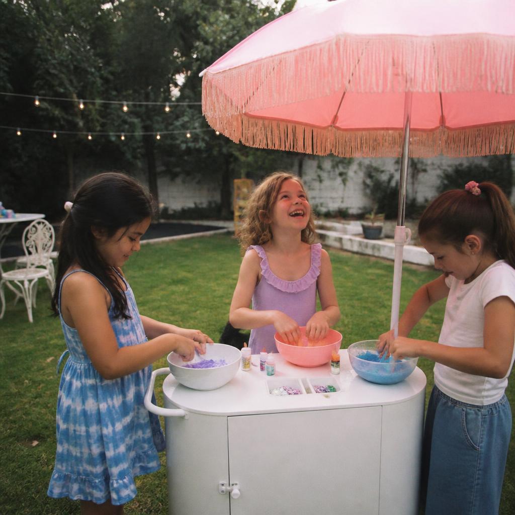 Kids mixing colorful slime at the slime cart during a backyard birthday party