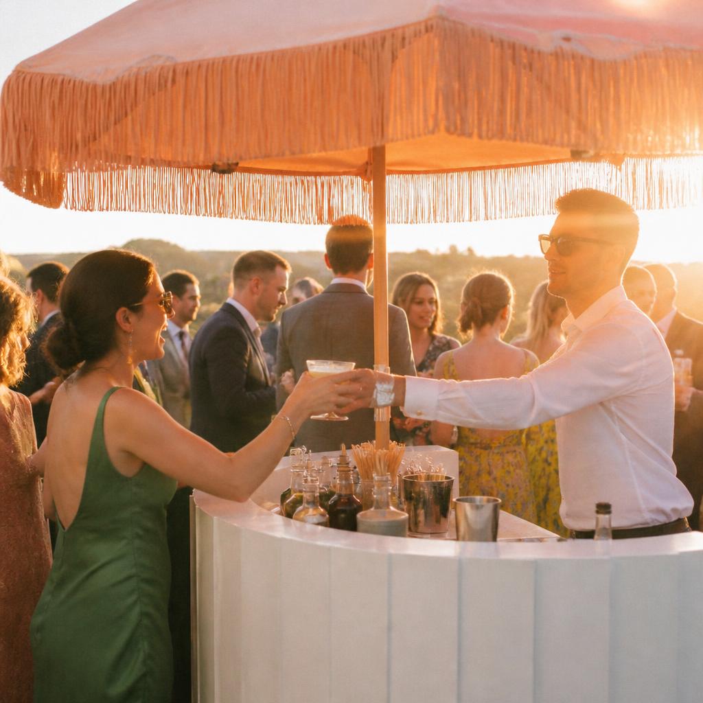 Bartender handing a guest a cocktail at the bar cart during a wedding reception