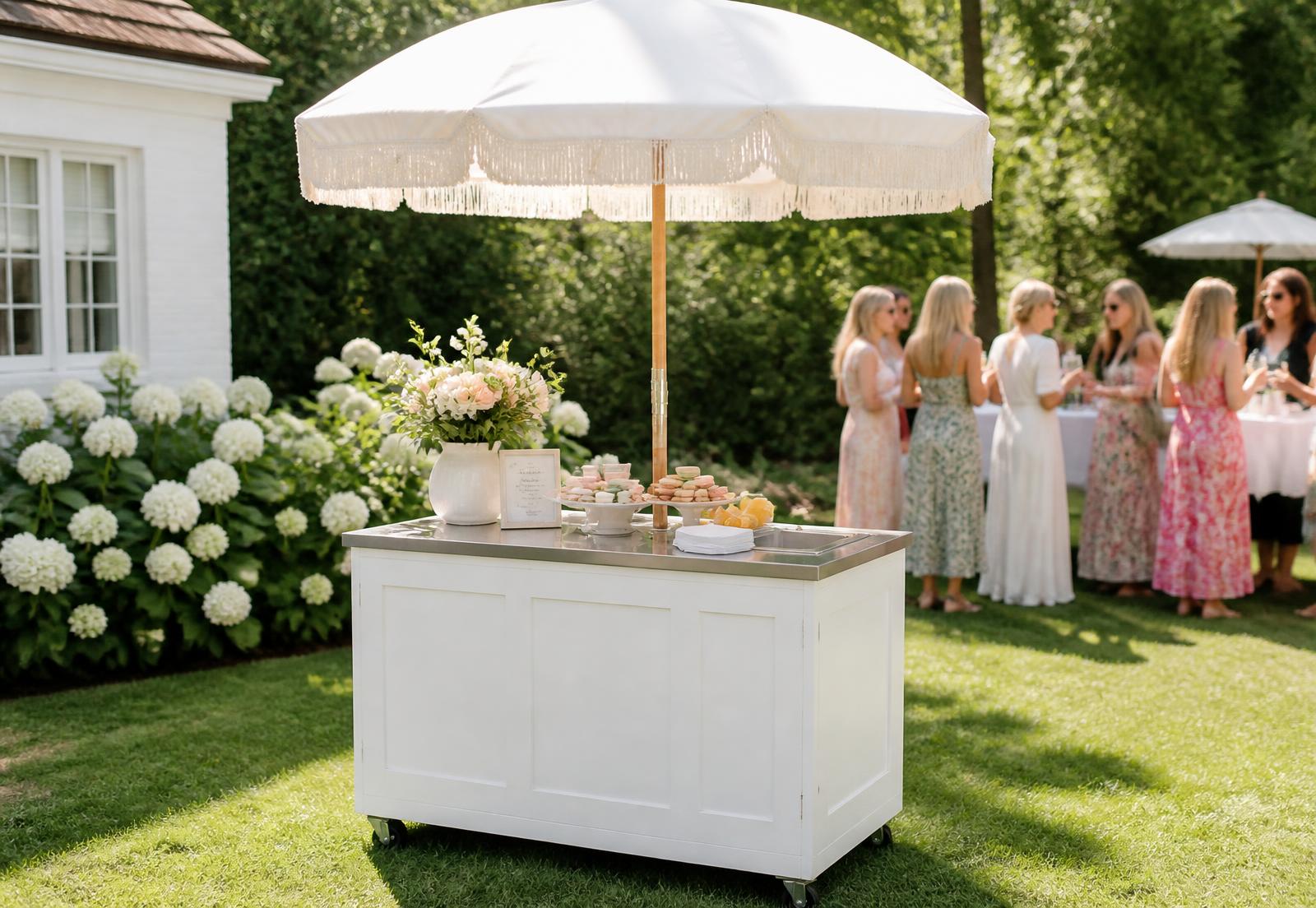 White mobile event cart with a fringed parasol styled with flowers and treats at a garden party